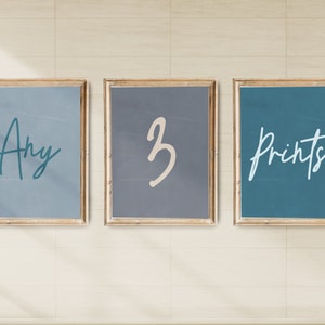May include: Three framed prints with a light blue background. The left print says "Any", the middle print says "3", and the right print says "Prints".