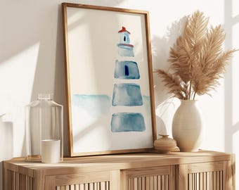 Beachy wall art downloadable, Watercolor lighthouse painting for summer home, Minimalist artwork, Apartment nautical decor