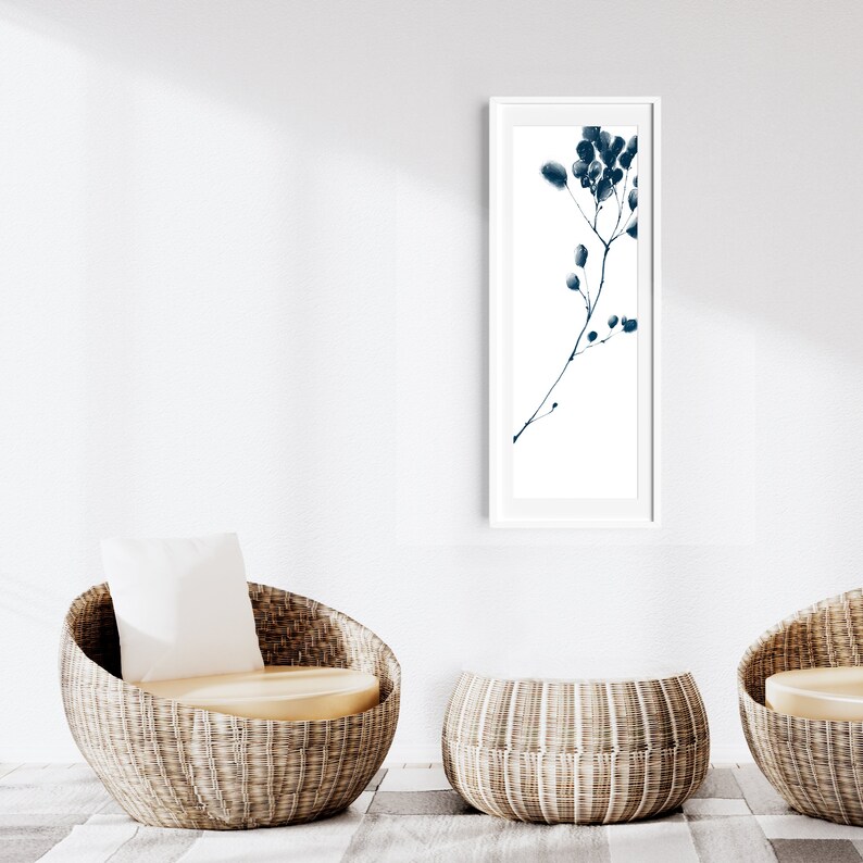 Long Narrow Wall Art, Botanical Art Print Download, Navy Blue Japandi