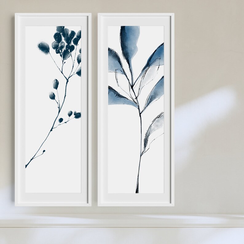 Long Narrow Wall Art Blue, Botanical Print Set Over the Couch, Gallery ...