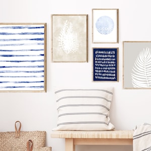 Beach Gallery Wall Art, Costal Home Decor, Ensemble de 5 tirages, Boho Print, Résumé aquarelle, Affiche imprimable de plage, Bleu, Téléchargement immédiat