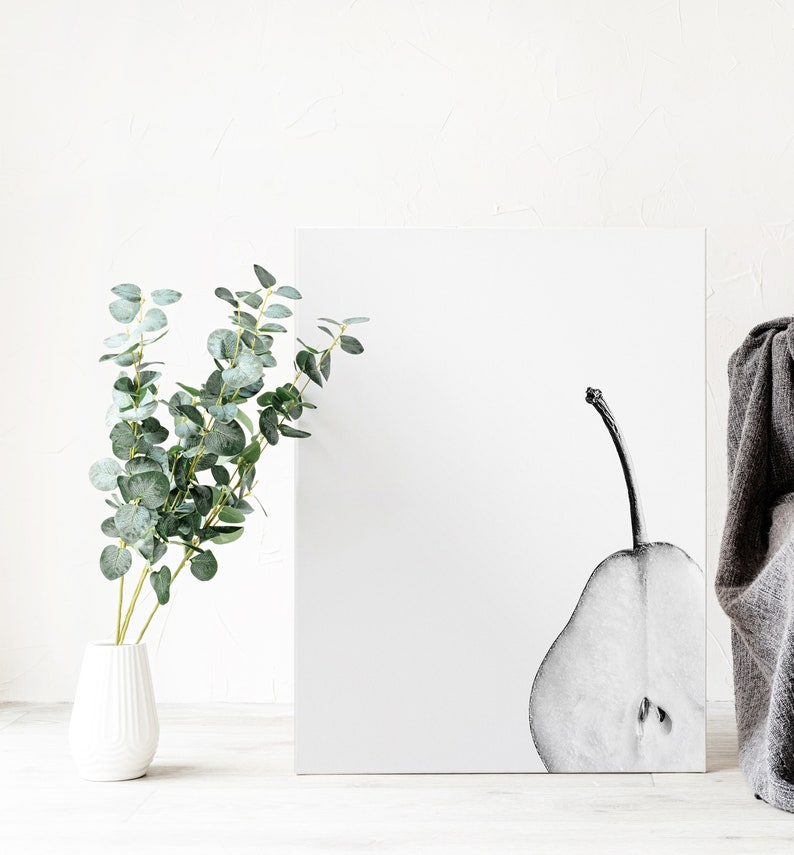 Gray Kitchen Wall Decor, Black and White Pear Pics, Simple Minimalist Wall Art, Pear Print, Fruit Digital Print, Monochrome Decor, Food Art image 2