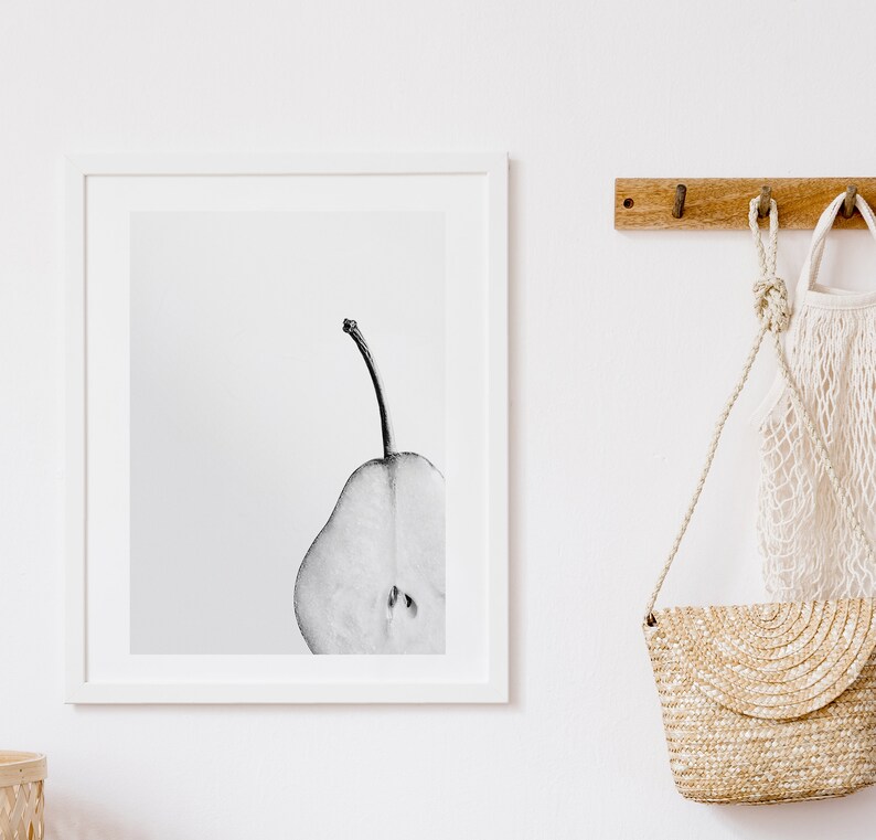 Gray Kitchen Wall Decor, Black and White Pear Pics, Simple Minimalist Wall Art, Pear Print, Fruit Digital Print, Monochrome Decor, Food Art image 3