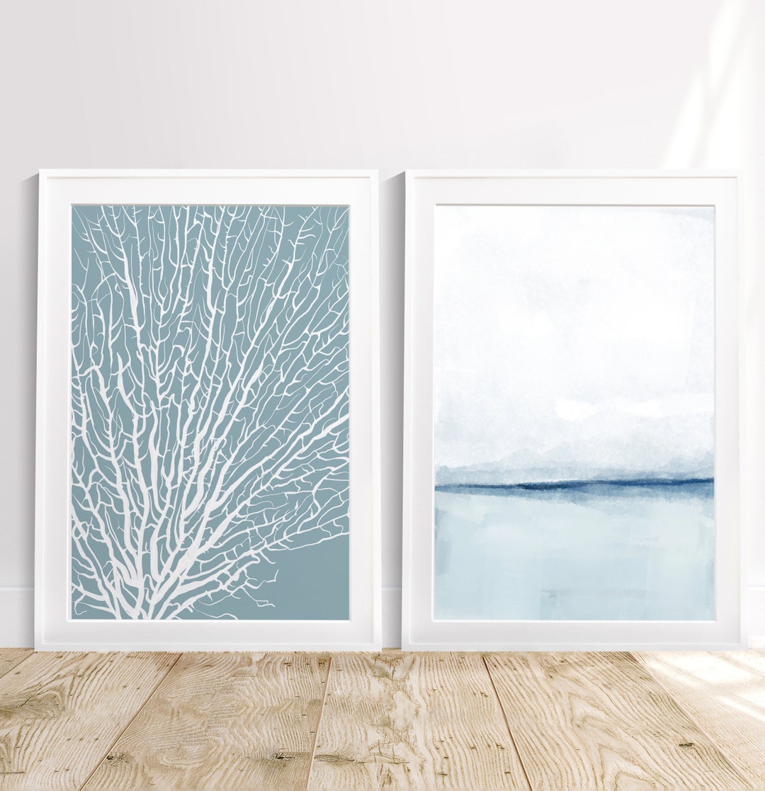 Coral Print, Coastal Print, Set of 2 Prints, Blue Beach House Wall Art ...