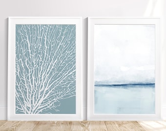 Coral Print, Coastal Print, Set of 2 Prints, Blue Beach House Wall Art, Coastal Print Set Two, Coastal Decor, Nautical Art, Instant Download