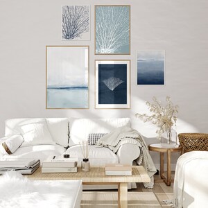 Coastal Gallery Wall Above Bed, Beach Print Set for Coastal House, 5 Piece Wall Art, Blue Home Decor, Calming Wall Decor for Beach House image 3