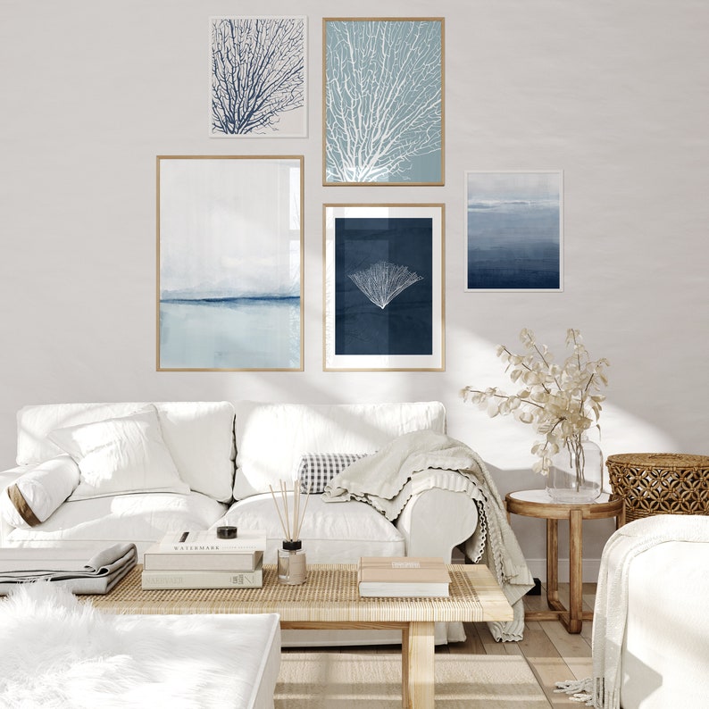 Coastal Gallery Wall Above Bed, Beach Print Set for Coastal House, 5 Piece Wall Art, Blue Home Decor, Calming Wall Decor for Beach House image 3