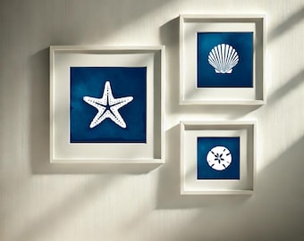Coastal Wall Art Set of 3 Prints - Navy Blue Wall Art for Beachy Room Decor, Square prints, Digital Download Wall Art, Nautical Posters