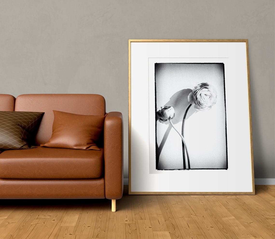 Set of 2 Black White Print Flower Wall Art Black White Etsy