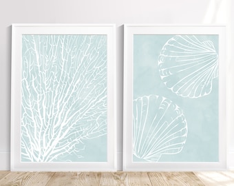 2 Pieces Wall Decor, Coastal Home Decor, Boho Beach Gallery, Coral Print, Shell Print, Gallery Wall Art, Nautical Printable, Beach Printable