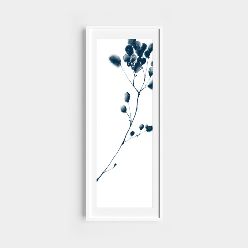 Long Narrow Wall Art, Botanical Art Print Download, Navy Blue Japandi