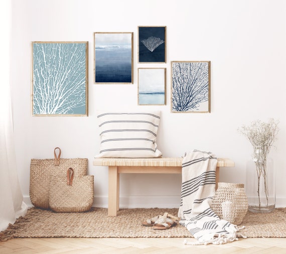Coastal Gallery Wall Above Bed, Beach Print Set for Coastal House, 5 Piece Wall Art, Blue Home Decor, Calming Wall Decor for Beach House