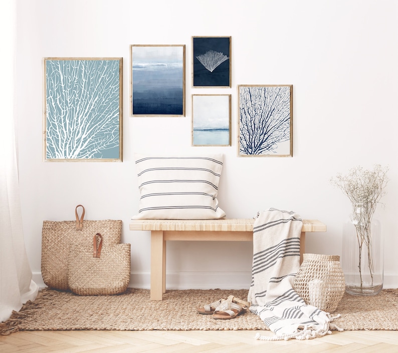 Coastal Gallery Wall Above Bed, Beach Print Set for Coastal House, 5 Piece Wall Art, Blue Home Decor, Calming Wall Decor for Beach House image 1