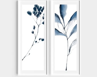Art mural long et étroit bleu, impression botanique posée sur le canapé, impressions murales de galerie, art floral abstrait, impression 12 x 36, téléchargements numériques