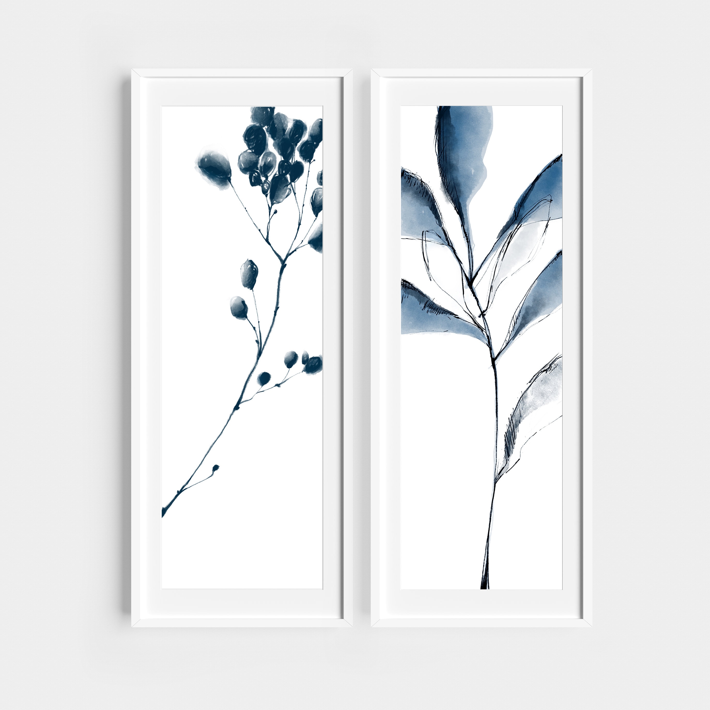 Long Narrow Wall Art Blue, Botanical Print Set Over the Couch, Gallery ...