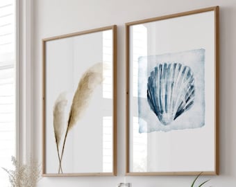 Watercolor coastal print for bathroom, Set of two wall art, Pampass grass and seashell, Digital download