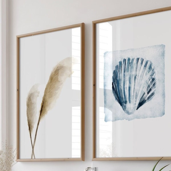 Watercolor coastal print for bathroom, Set of two wall art, Pampass grass and seashell, Digital download