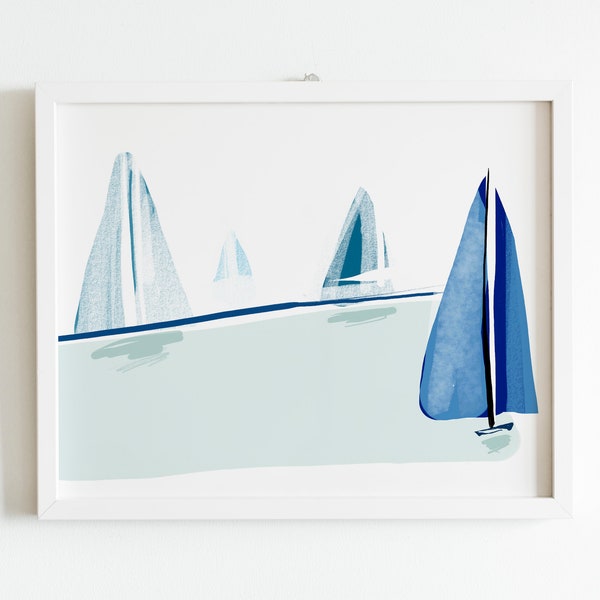 Impresión de velero, Póster de navegación, Arte de pared marina, Regata imprimible, Decoración de la casa del lago, Paisaje marino minimalista, Decoración de la habitación de los niños, Imprímelo en casa