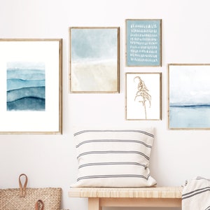 Küsten Strand Galerie Wand, 5er Drucke, Boho Printable, Aquarell Ozean Welle, abstraktes Strand Poster, Punkte Wand Dekor, Instant Download