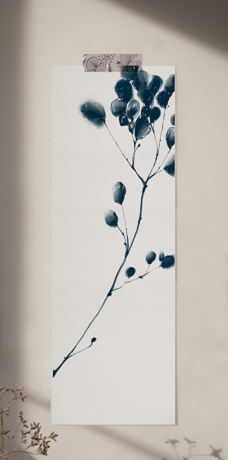 Long Narrow Wall Art, Botanical Art Print Download, Navy Blue Japandi