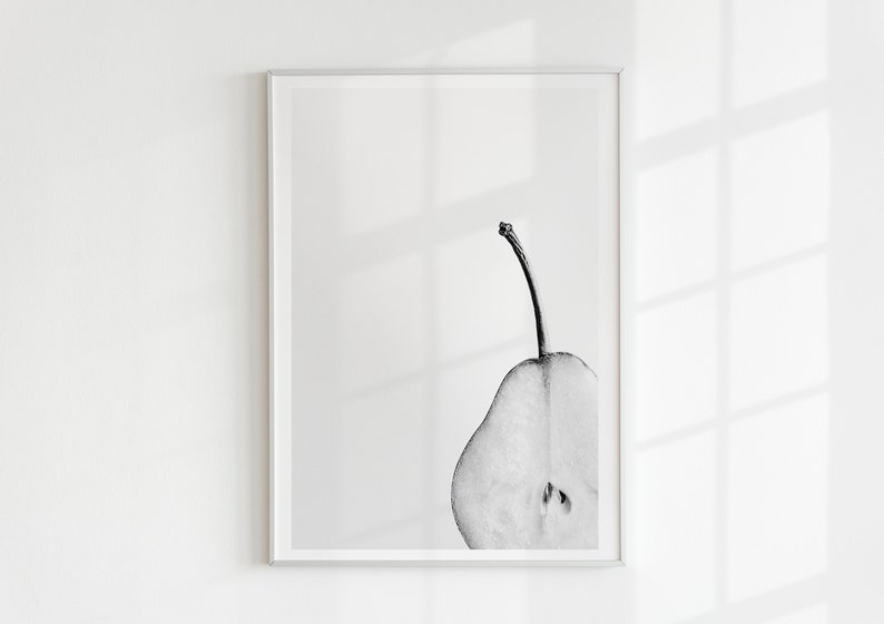 Gray Kitchen Wall Decor, Black and White Pear Pics, Simple Minimalist Wall Art, Pear Print, Fruit Digital Print, Monochrome Decor, Food Art image 1