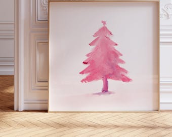 Pink Christmas decor, Christmas tree print, Christmas printable wall art, Oil painting, Square poster, Aesthetic Winter Decorations