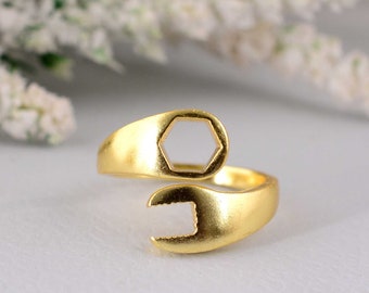 Wrench Brass ring, wrench band, handmade jewelry, unique ring, brass gold plated ring, Mechanic, Tools