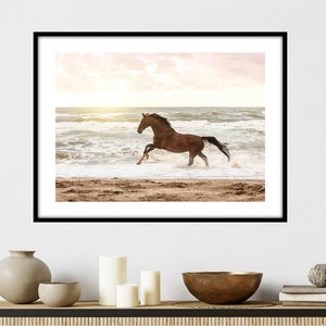 Kunstfotografie paard, bruin paard op strand bij zonsondergang, paard op strand print, paard fotografie prints, zonsondergang kunstfotografie paard poster