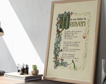 Our Father Matthew 6:9-13. The Lords Prayer Calligraphy Art Poster Print. Religious Art For Our Father Who Art In Heaven. Christian Wall Art