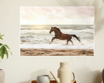 Horse On Beach Art Photography Poster Gift. Brown Horse And Beach Sunset, Horse On Beach Print, Art Horse Photography Prints. Sunset Art.