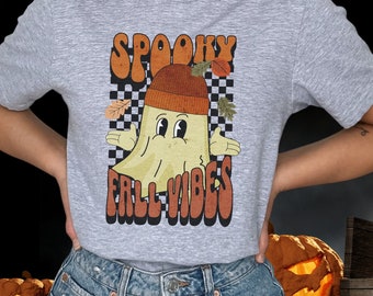Retro Fall Vibes TShirt Spooky Season Shirt, Tis The Season Cute Ghost Falloween Leaves T-Shirt, Groovy Vibe Fall Autumn Preppy Mascot Ghost