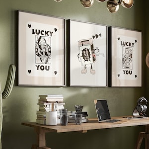 Trendy Retro Lucky In Love Wall Décor Set 3, Funny Lucky You Aesthetic Art Print, Retro Matchbox Mascot Minimalist Instant Download Poster