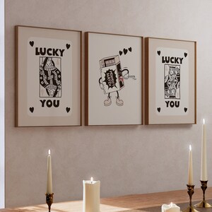 Trendy Retro Lucky You Wall Décor Set 3, Funny Lucky In Love Aesthetic Art Print, Retro Matchbox Mascot Minimalist Instant Download Poster
