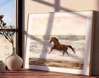 Horse Photography Print Horse Beach Print Housewarming Gift, Instant Download Horse Wall Décor, Wild Horse Poster Horse Running Ocean Beach