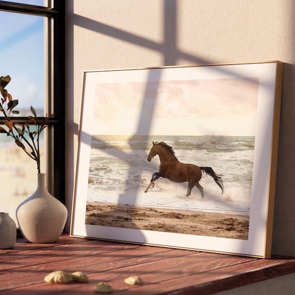 Horse Photography Print Horse Beach Print Housewarming Gift, Instant Download Horse Wall Décor, Wild Horse Poster Horse Running Ocean Beach