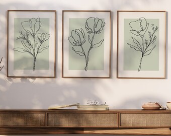 Salbei Grün Wand Kunst Moderne Blumen Linie Zeichnung Set Von 3 Drucken, Floral Salbei Wand Dekor druckbare Kunst, Flur Art Set Von Salbei Postern