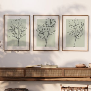 Sage Green Wall Art Prints Modern Flower Line Drawing Set Of 3 Prints, Floral Sage Wall Decor Printable Art, Hallway Art Set Of Sage Posters