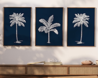 Palmboomsilhouetten tegen blauwdrukachtergrond vormen een opvallende set minimalistische muurkunstposters. Stel 3 zomerpalmen in Hamptons stijl.