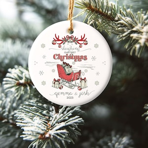 Sleighing Christmas Vintage Graphic Xmas Ornament, Be Merry And Bright Classic Christmas Scene Of Gifts Antlers Santa&#39;s Sleigh Bells & Holly