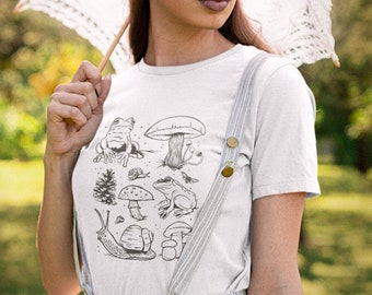 Vintage Frosch Cottagecore TShirt I Academia Cottage Core Aesthetic I Cottagecore Kleidung Geschenk für sie I Pilz Frösche Blumen Schmetterlinge.