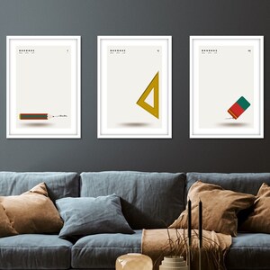 Modern Bauhaus wall art set of 3 prints in minimalist Bauhaus style. Showcasing the minimalist tools of architects and designers.