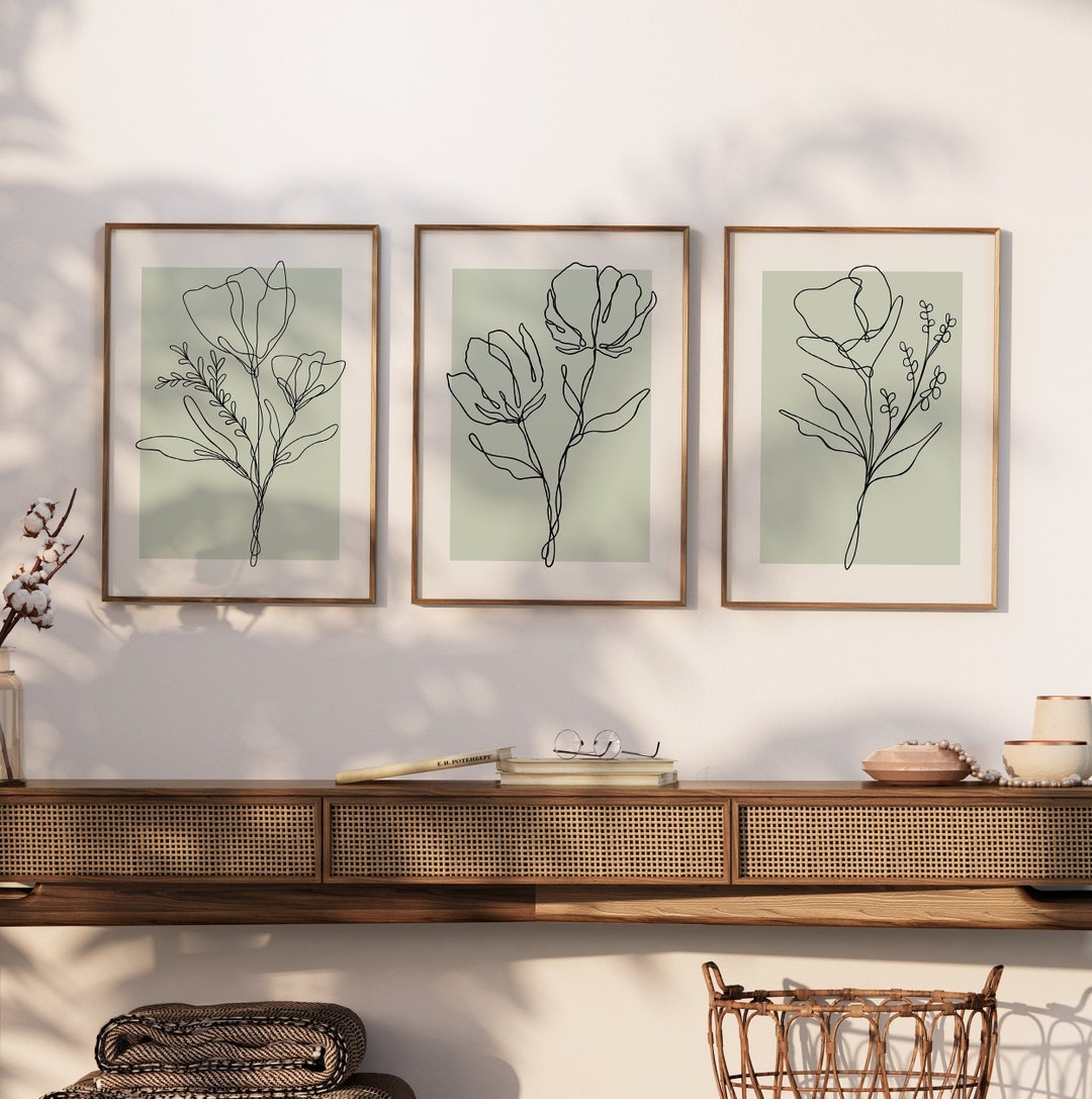Sage Green Wall Art Prints Modern Flower Line Drawing Set of 3 Prints ...