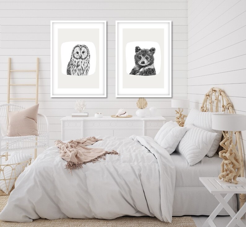 Adorable hand drawn baby owl nursery print One of a mix and match print series of baby animals and iconic design colour backgrounds.