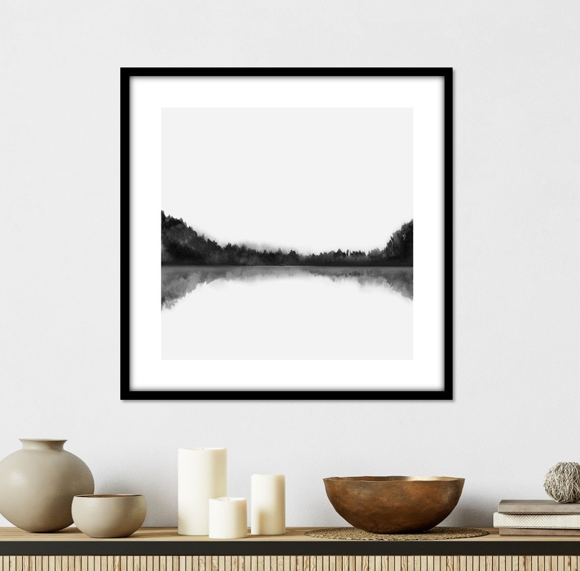 Minimalist Black and White Landscape Wall Art Print, Lake Reflection ...