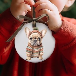Frenchie Dog Christmas Tree Ornament, French Bulldog Dog Christmas Ornament, Christmas Lights Ceramic Hanging Dog Ornament, New Dog Mom Gift
