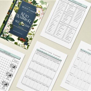 May include: A set of printable keto diet planner pages in a green and white colour scheme. The pages include a food journal, food lists, a monthly meal planner, and a 90-day countdown calendar. The cover page features a floral design with the text "Boot Camp Keto Warrior 90 Day".