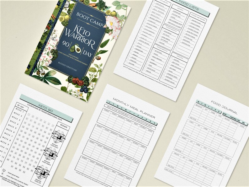 May include: A set of printable keto diet planner pages in a green and white colour scheme. The pages include a food journal, food lists, a monthly meal planner, and a 90-day countdown calendar. The cover page features a floral design with the text "Boot Camp Keto Warrior 90 Day".