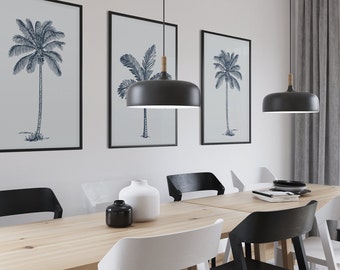 Palmboom silhouetten zilvergrijze digitale download Opvallende set minimalistische muurkunstafdrukken. Set van 3 zomerpalmen in moderne Hamptons-stijl