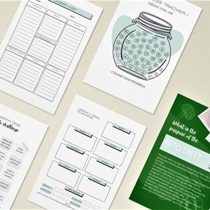 May include: A set of printable keto diet planner pages with a green and white colour scheme. The pages include a grocery list, meal planning, a keto challenge, and a weight loss tracker. The text on the pages includes "Month One Keto Challenge", "Weekly Meal Planning", "Grocery List", and "Weight Loss Tracker".