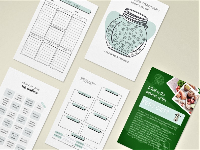 May include: A set of printable keto diet planner pages with a green and white colour scheme. The pages include a grocery list, meal planning, a keto challenge, and a weight loss tracker. The text on the pages includes "Month One Keto Challenge", "Weekly Meal Planning", "Grocery List", and "Weight Loss Tracker".